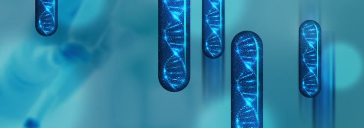 Image of Capsules with DNA molecule on blue background, banner design. Illustration 