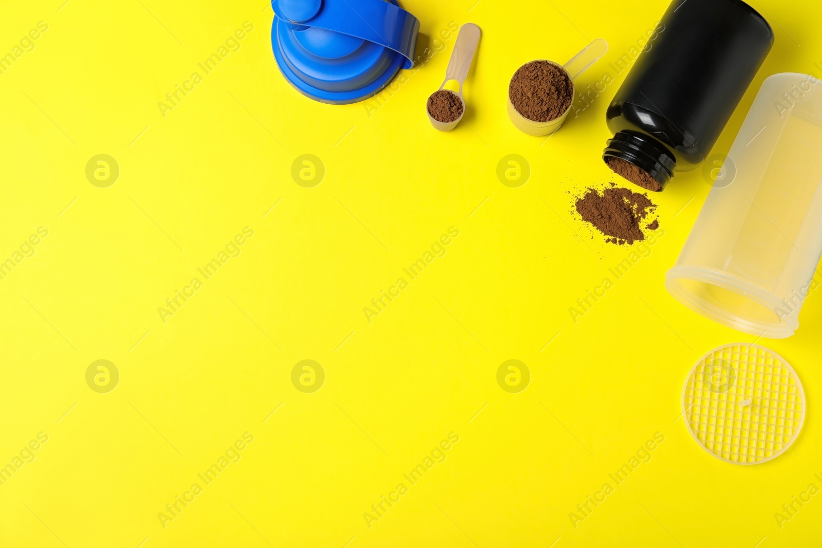 Photo of Flat lay composition with protein powder on color background. Space for text