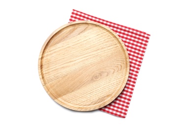 Photo of Empty wooden board and checkered napkin isolated on white, top view