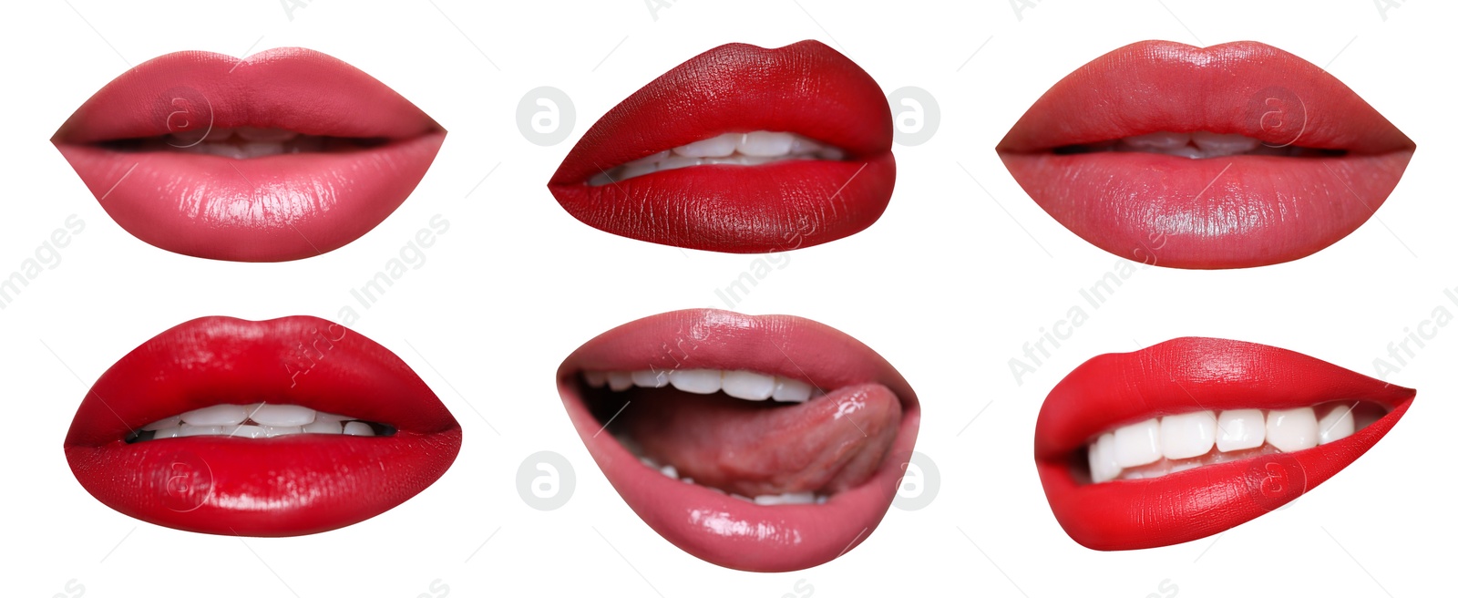 Image of Attractive lips with beautiful lipsticks isolated on white, collage. Banner design