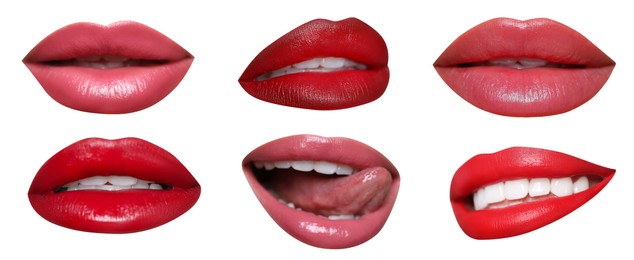 Image of Attractive lips with beautiful lipsticks isolated on white, collage. Banner design