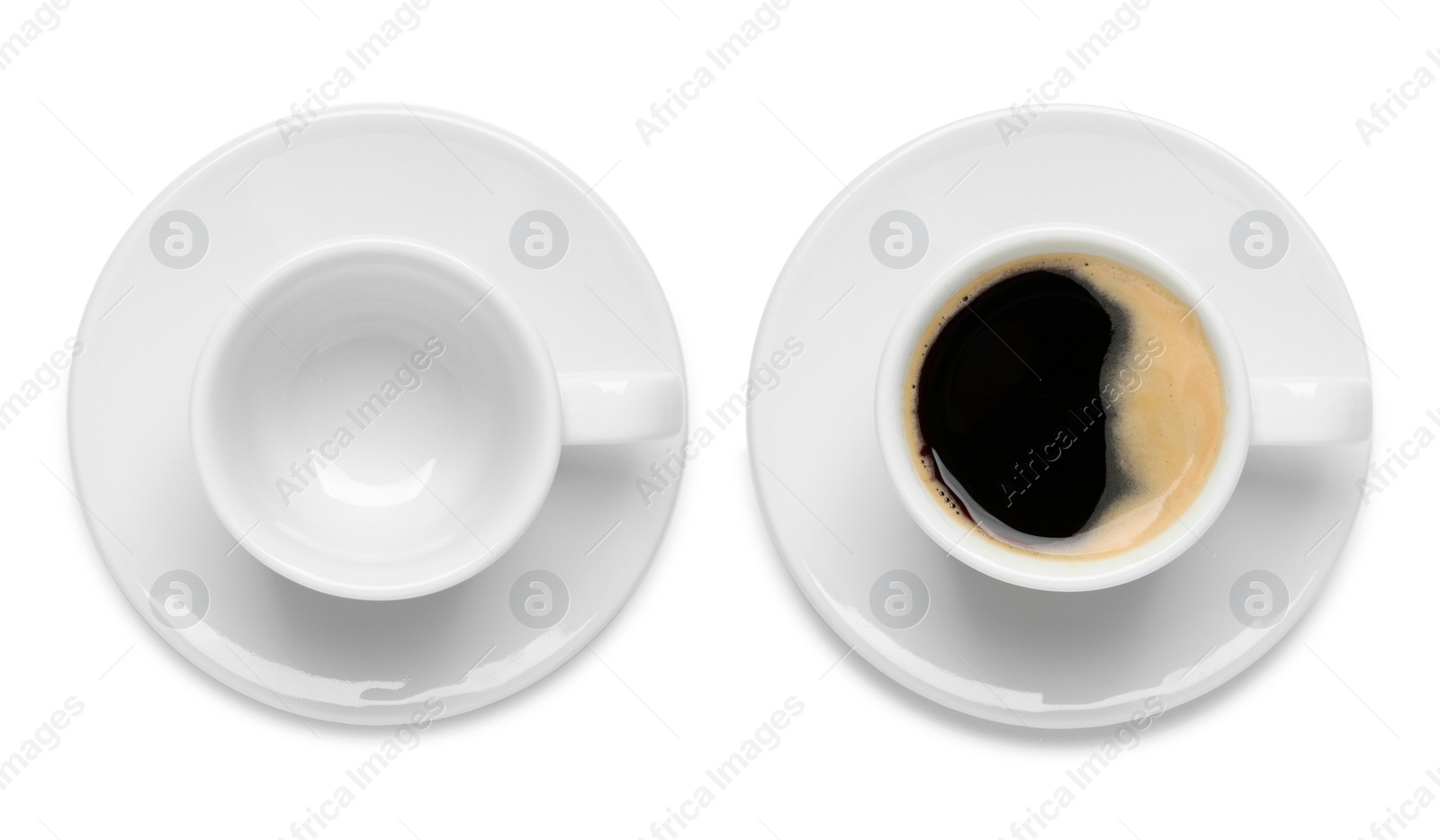 Image of Cup with aromatic hot coffee and empty one on white background, top view. Banner design