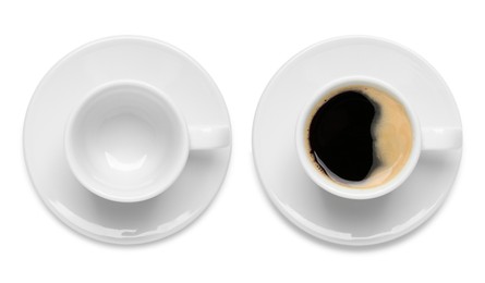 Image of Cup with aromatic hot coffee and empty one on white background, top view. Banner design
