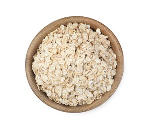 Photo of Raw oatmeal in wooden bowl isolated on white, top view