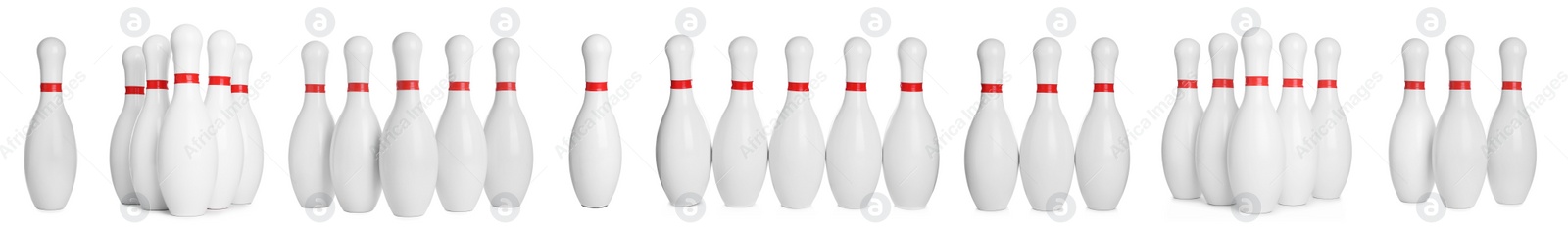 Image of Set of bowling pins with red stripes on white background. Banner design