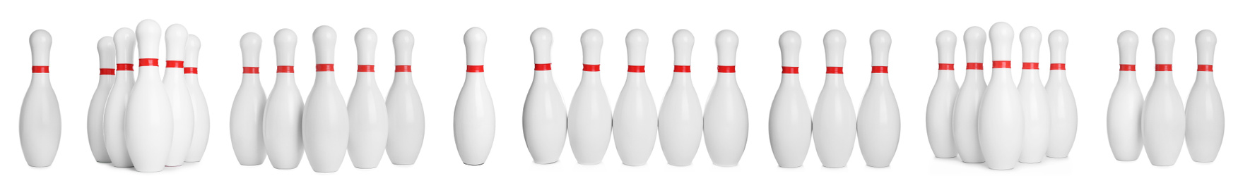 Image of Set of bowling pins with red stripes on white background. Banner design