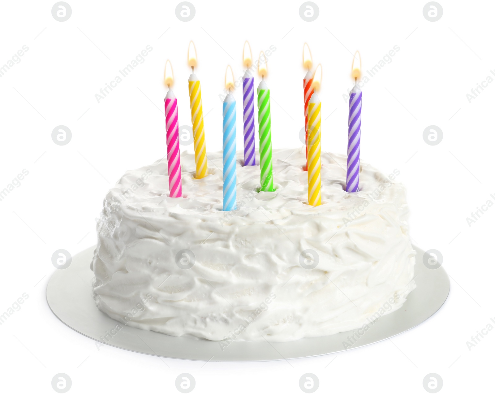 Photo of Birthday cake with candles on white background