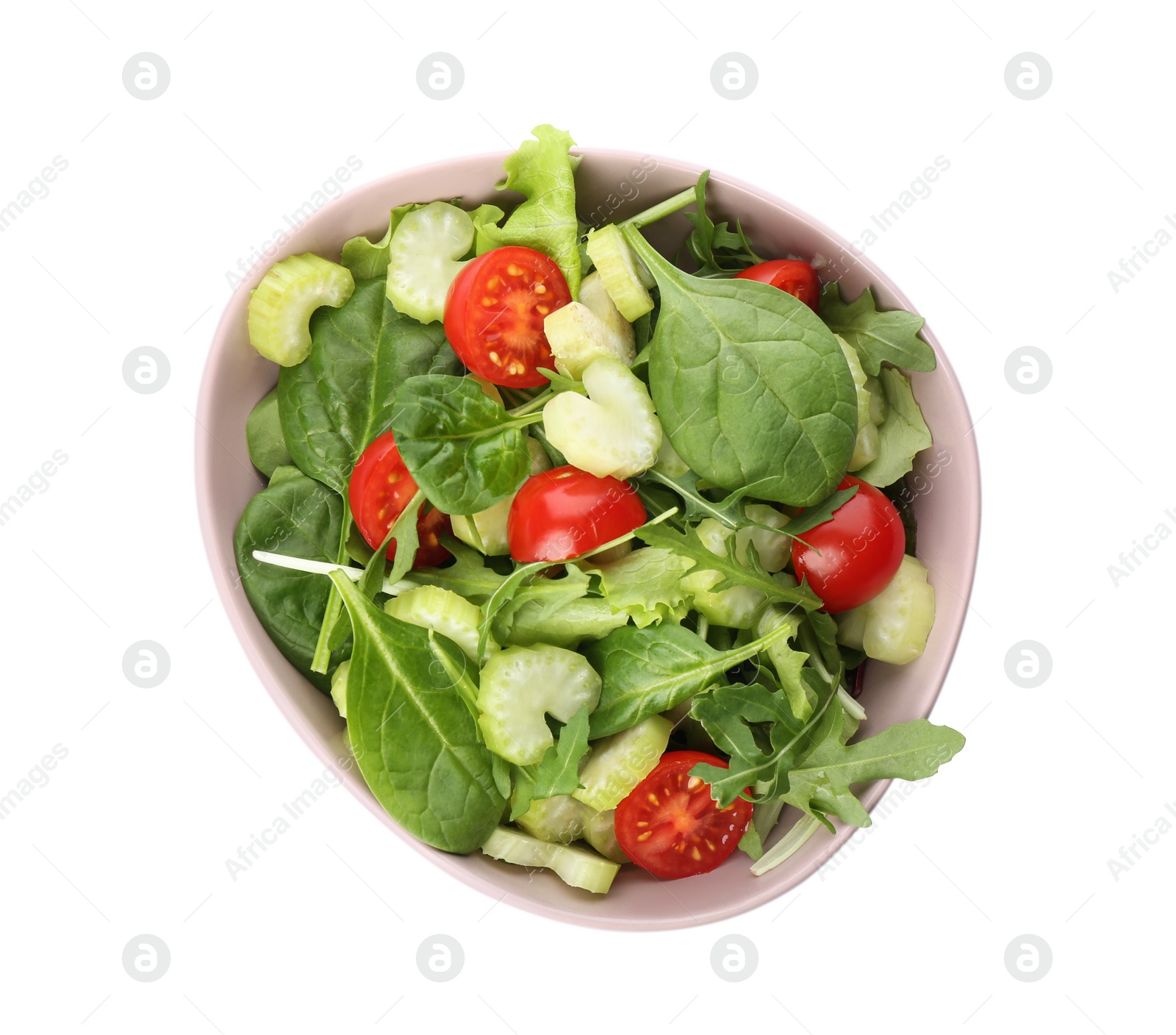 Photo of Delicious fresh celery salad isolated on white, top view