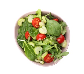 Photo of Delicious fresh celery salad isolated on white, top view