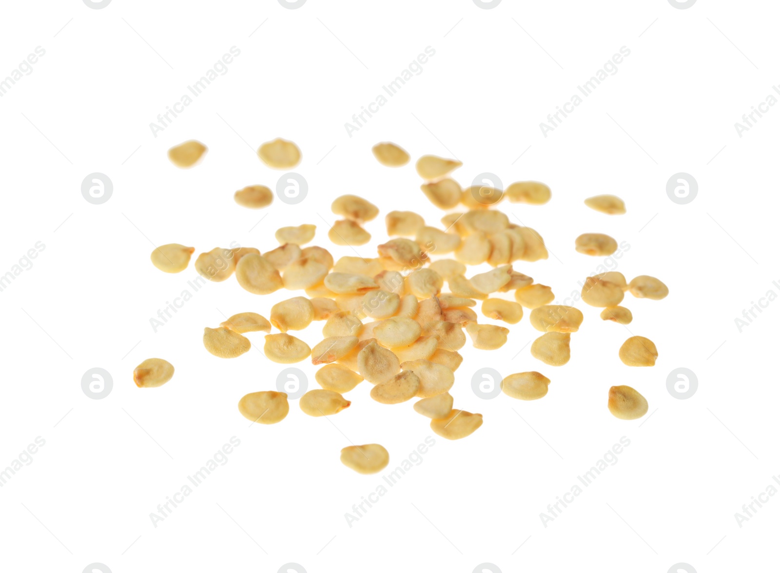 Photo of Pile of raw bell pepper seeds on white background. Vegetable planting