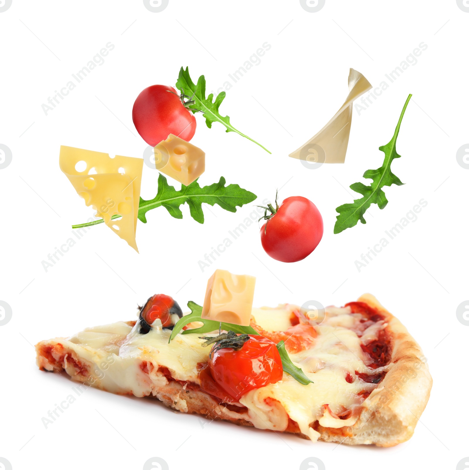 Image of Slice of delicious pizza and flying ingredients on white background