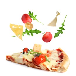 Image of Slice of delicious pizza and flying ingredients on white background