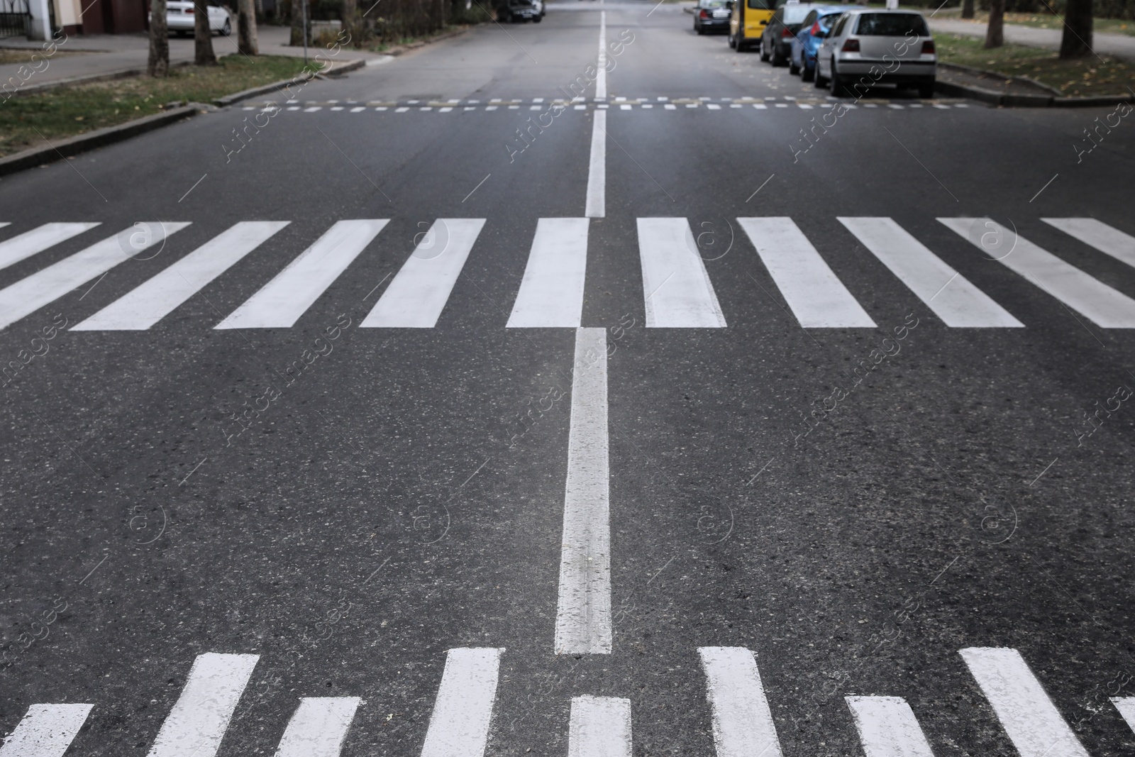 Photo of White pedestrian crossing on modern city street