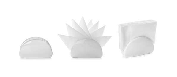 Image of Set of modern ceramic napkin holders on white background. Banner design