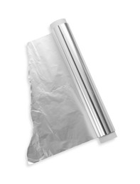 Photo of One roll of aluminum foil isolated on white, top view