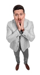 Emotional bearded businessman in suit on white background, above view