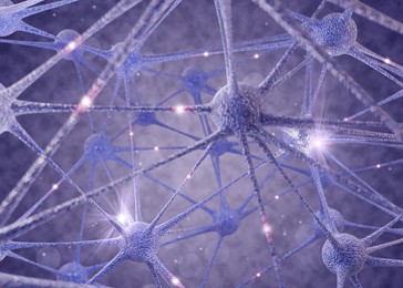 Impulses traveling between neurons through axons on purple background, illustration
