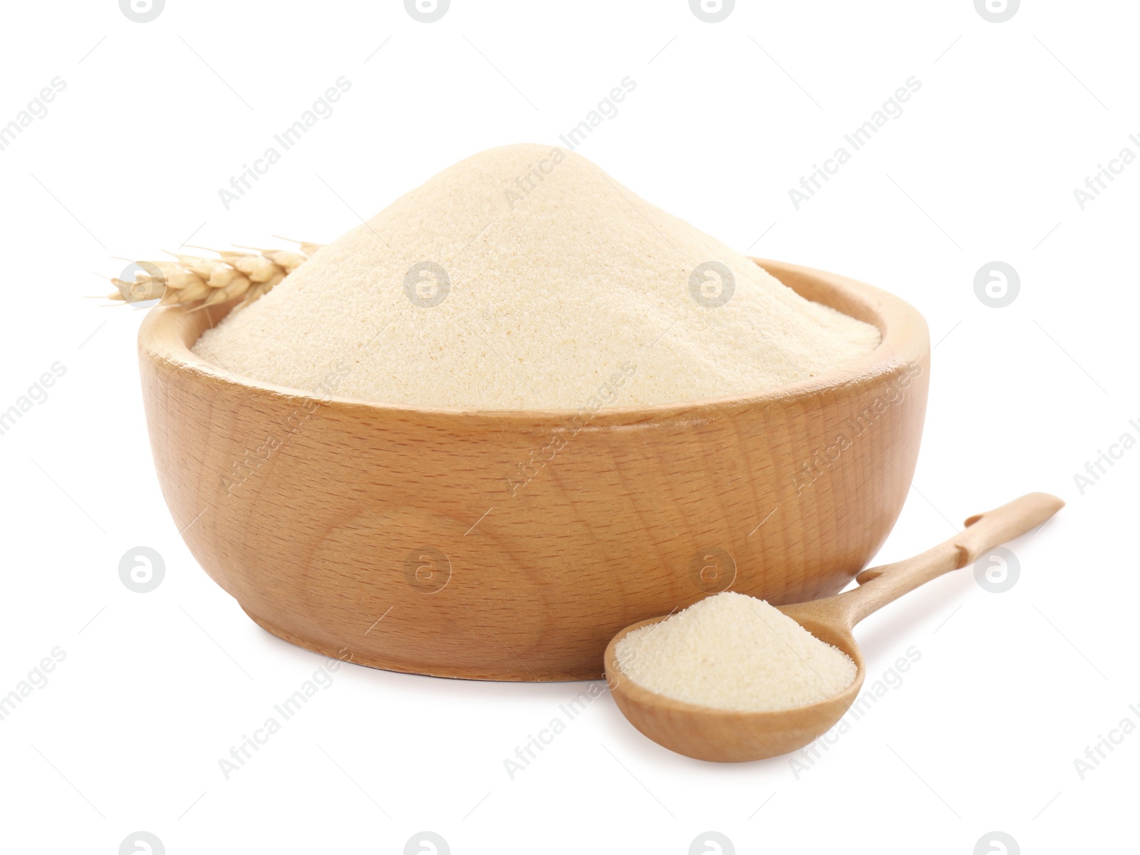 Photo of Semolina in wooden bowl and spoon on white background