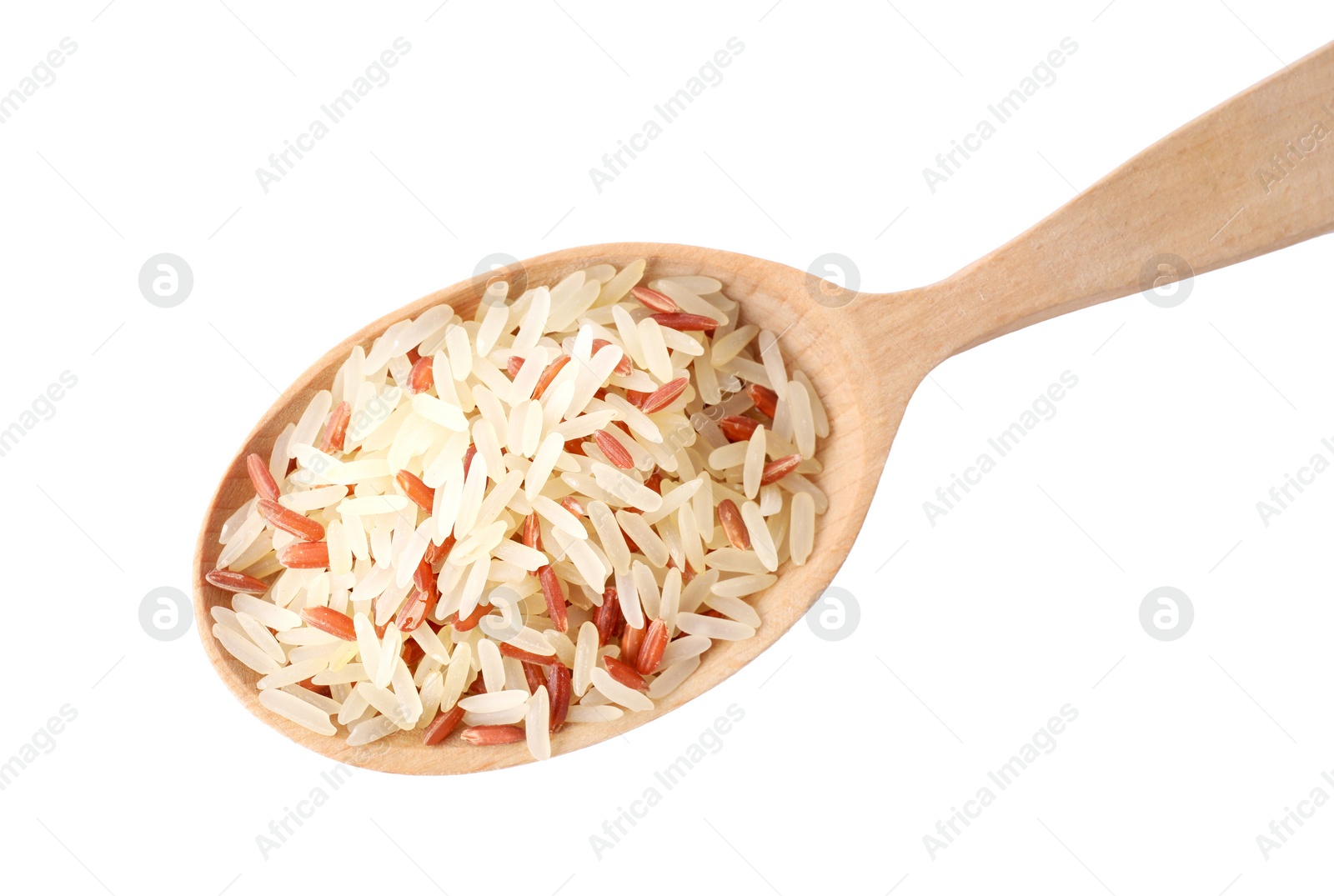 Photo of Mix of brown and polished rice in wooden spoon isolated on white, top view