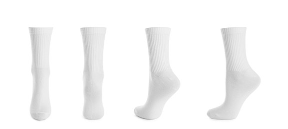 Image of Set with socks on white background. Banner design