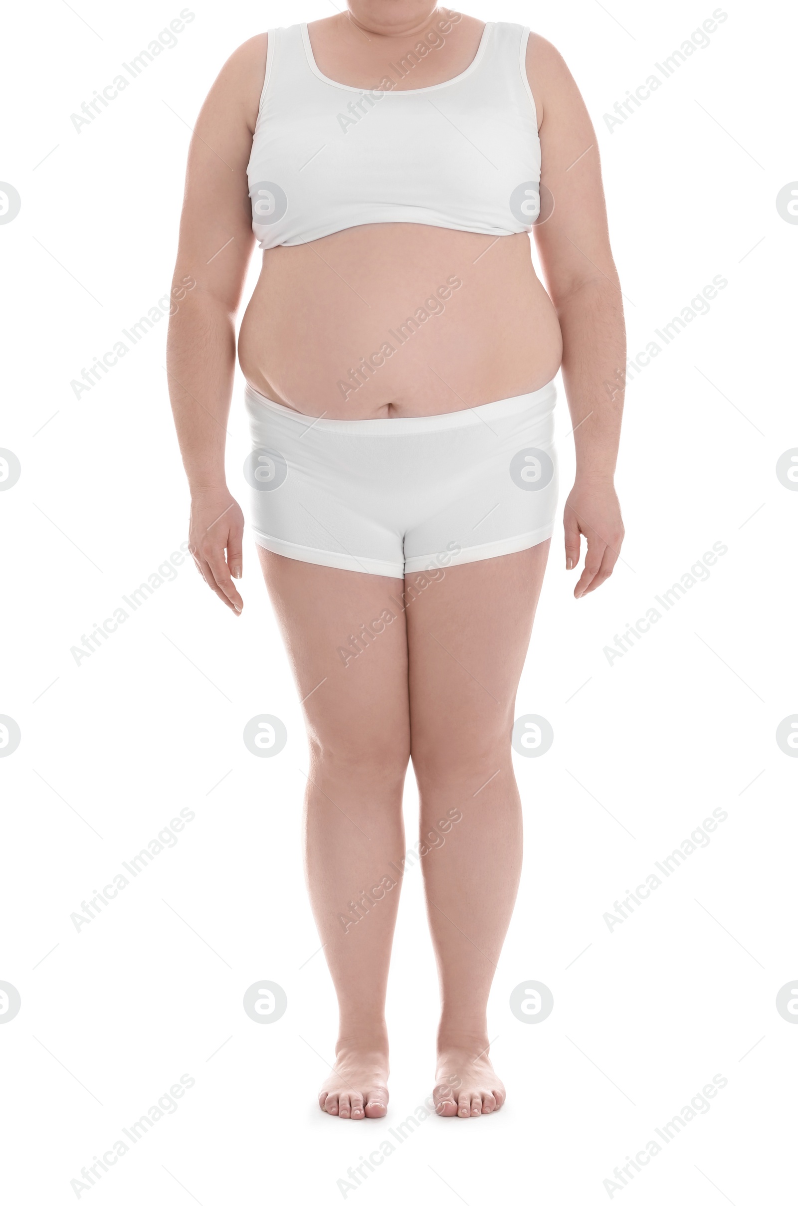 Photo of Overweight woman on white background, closeup. Weight loss