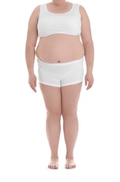 Overweight woman on white background, closeup. Weight loss