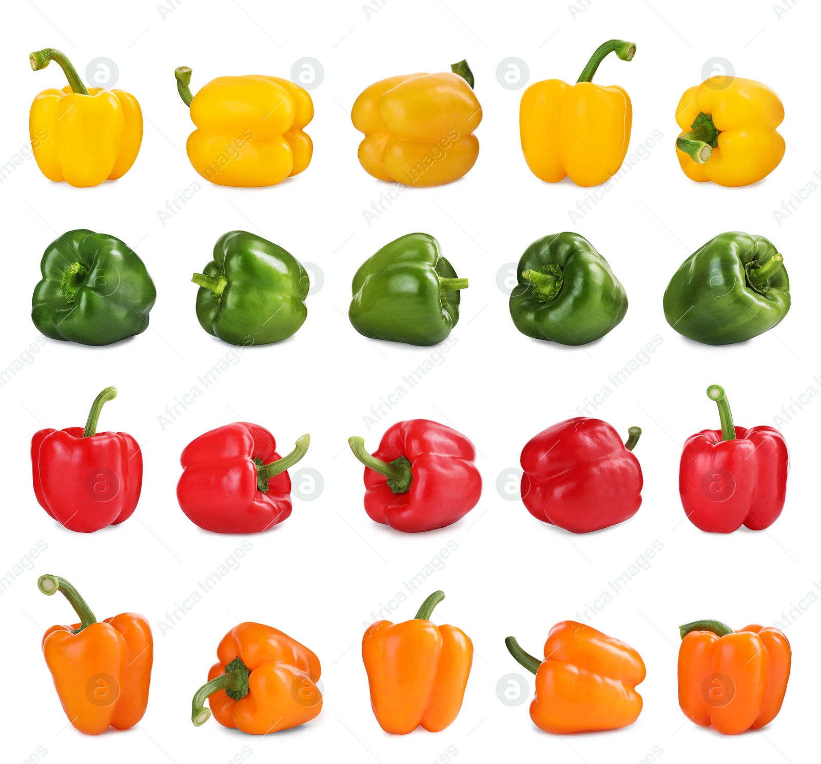 Image of Set of different ripe bell peppers on white background