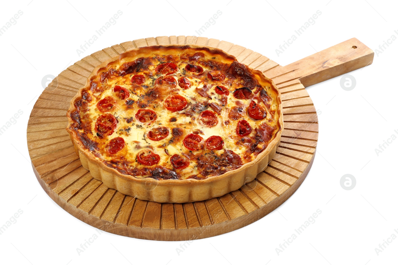 Photo of Delicious homemade quiche with prosciutto and tomatoes isolated on white