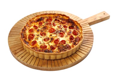 Photo of Delicious homemade quiche with prosciutto and tomatoes isolated on white