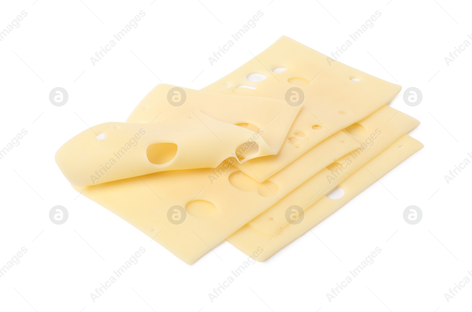 Photo of Slices of tasty fresh cheese isolated on white