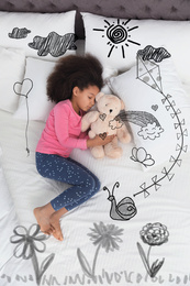Sweet dreams. Cute African American girl sleeping, above view. Sun, kite and other illustrations on foreground