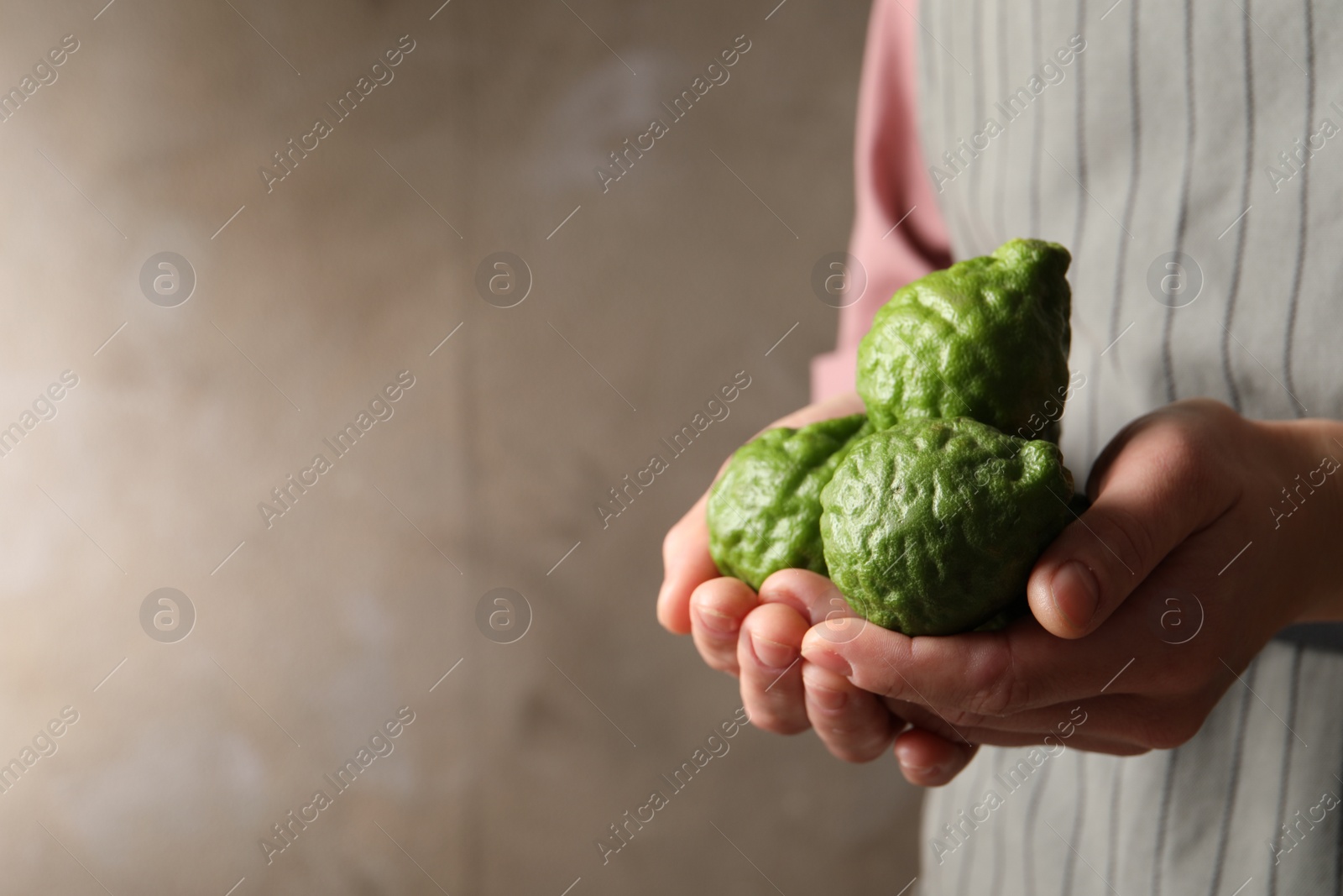 Photo of Woman holding pile of fresh ripe bergamot fruits on brown background, closeup. Space for text