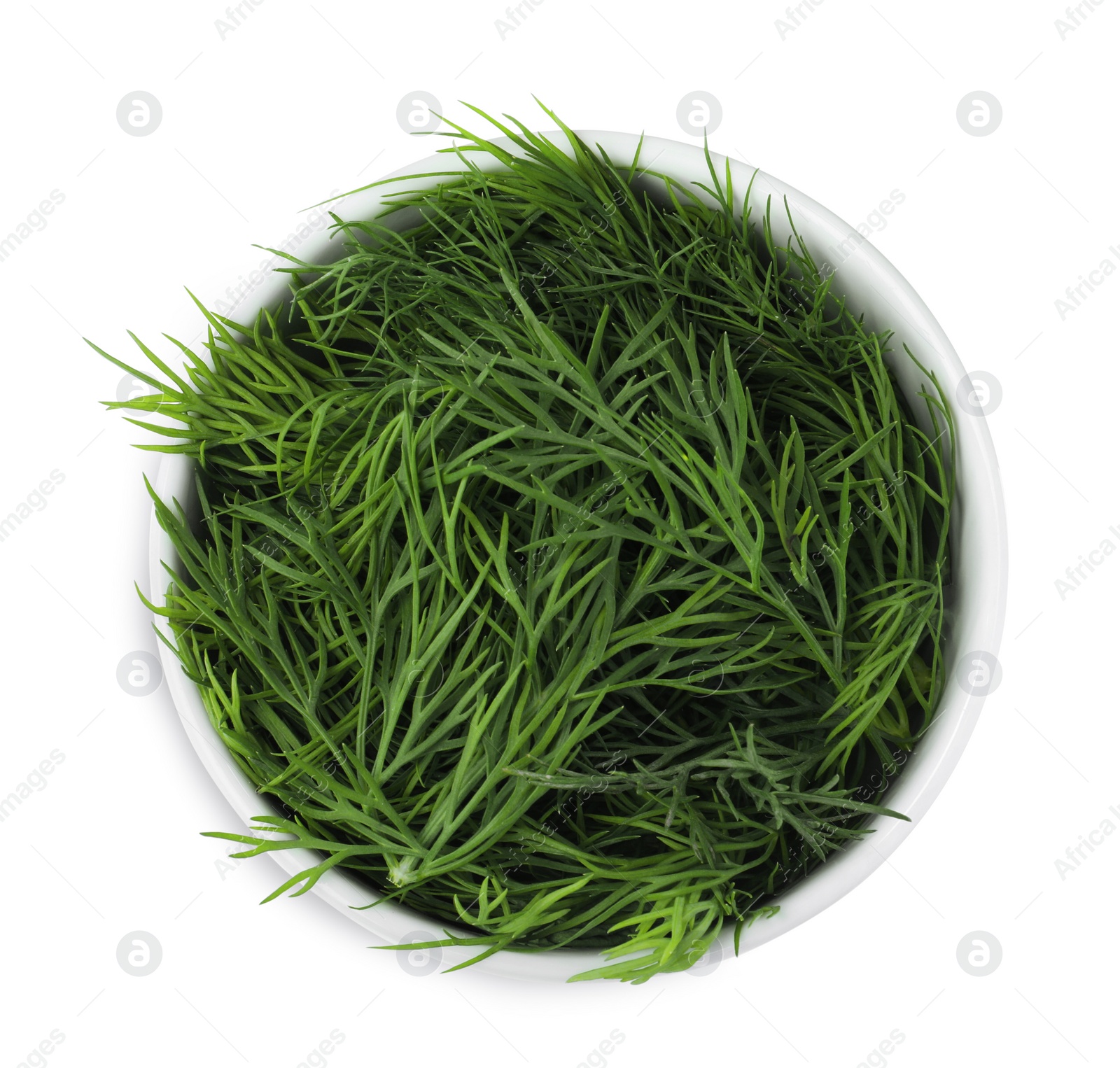 Photo of Fresh dill in bowl isolated on white, top view