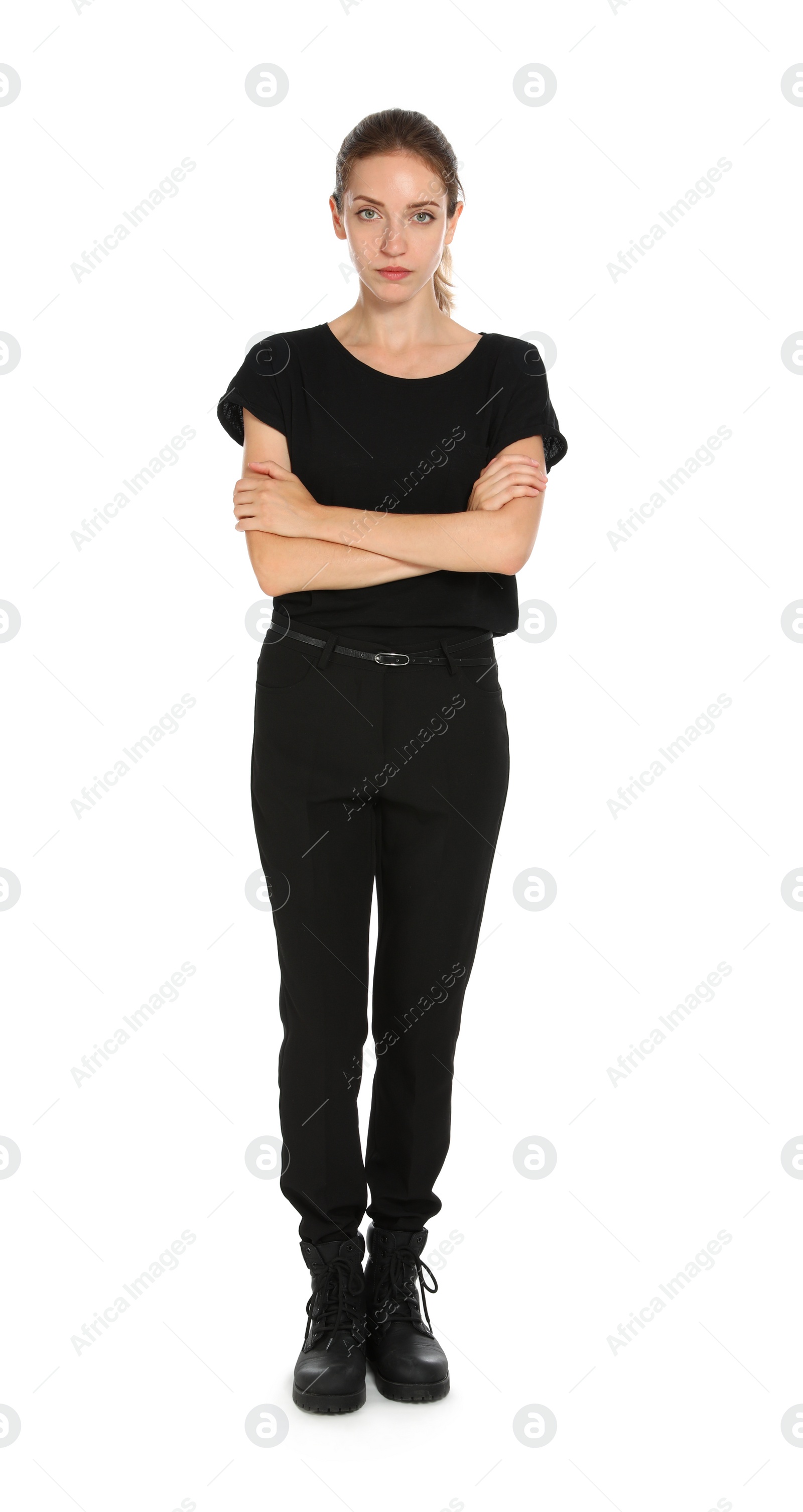 Photo of Female security guard in uniform on white background