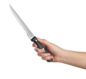 Woman holding carving knife on white background, closeup