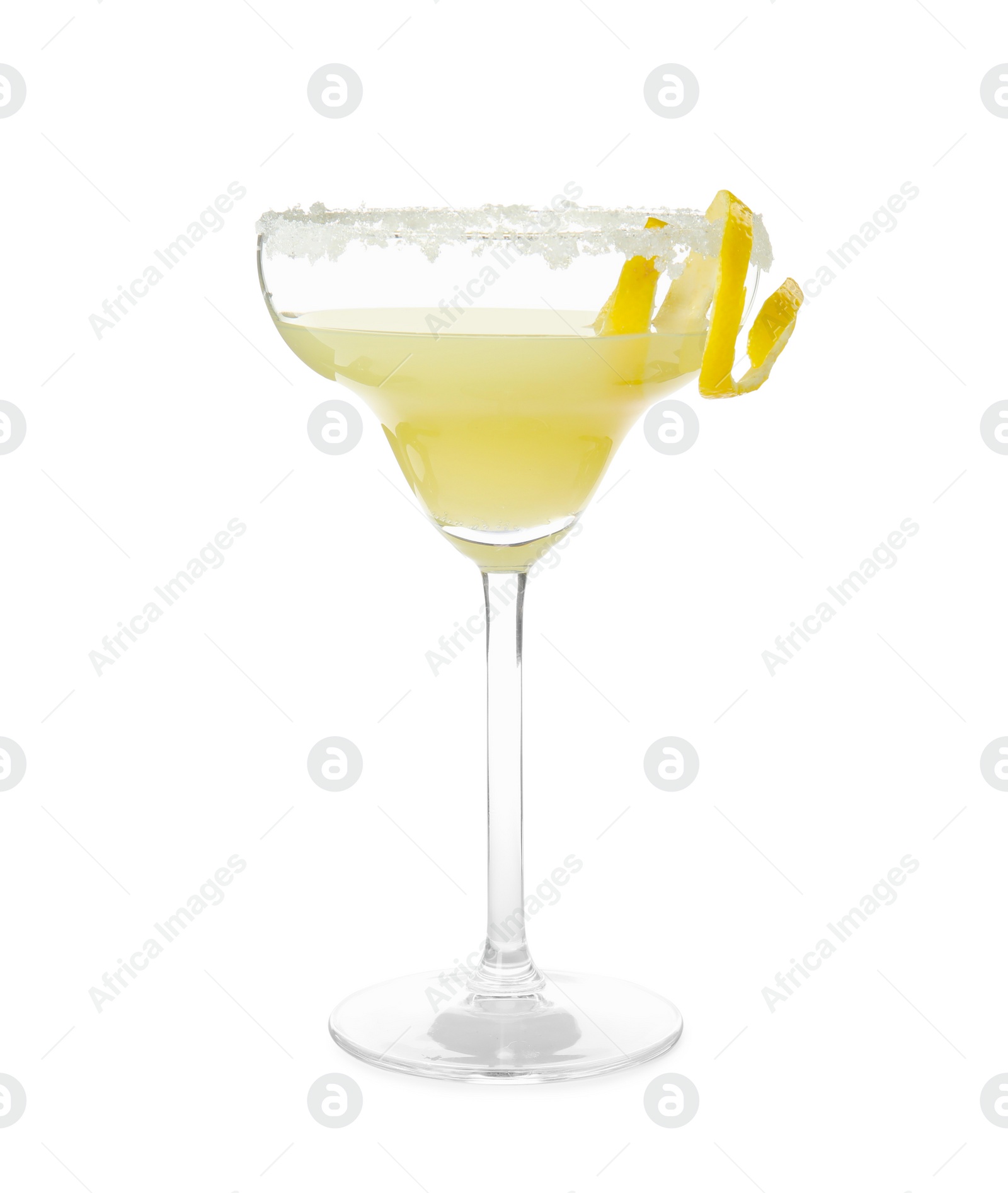Photo of Glass of delicious bee's knees cocktail with sugar rim and lemon twist isolated on white