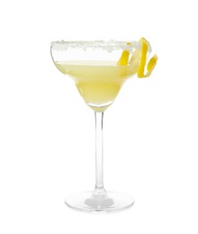 Photo of Glass of delicious bee's knees cocktail with sugar rim and lemon twist isolated on white