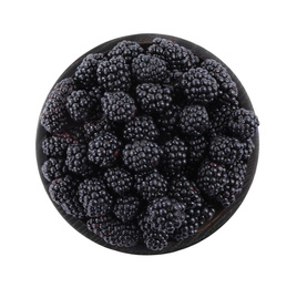 Fresh ripe blackberries in wooden bowl isolated on white, top view