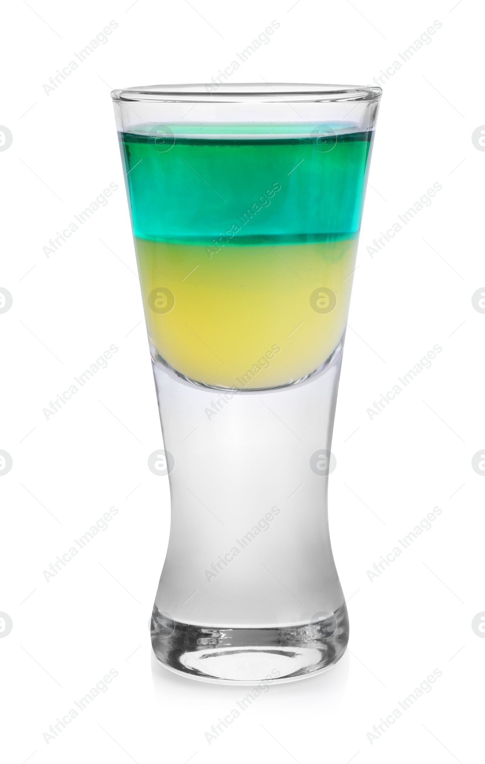 Photo of Shooter in shot glass isolated on white. Alcohol drink