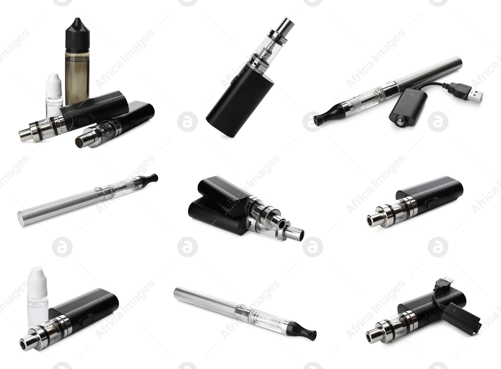 Image of Set with different electronic smoking devices on white background