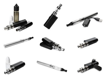 Set with different electronic smoking devices on white background