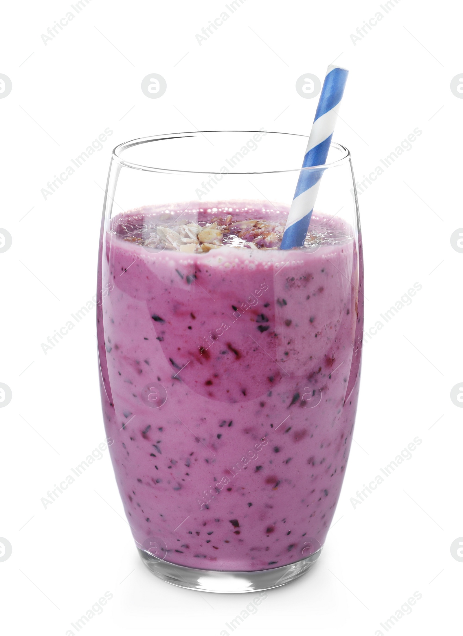 Photo of Glass of tasty blueberry smoothie with straw on white background