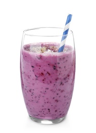 Glass of tasty blueberry smoothie with straw on white background