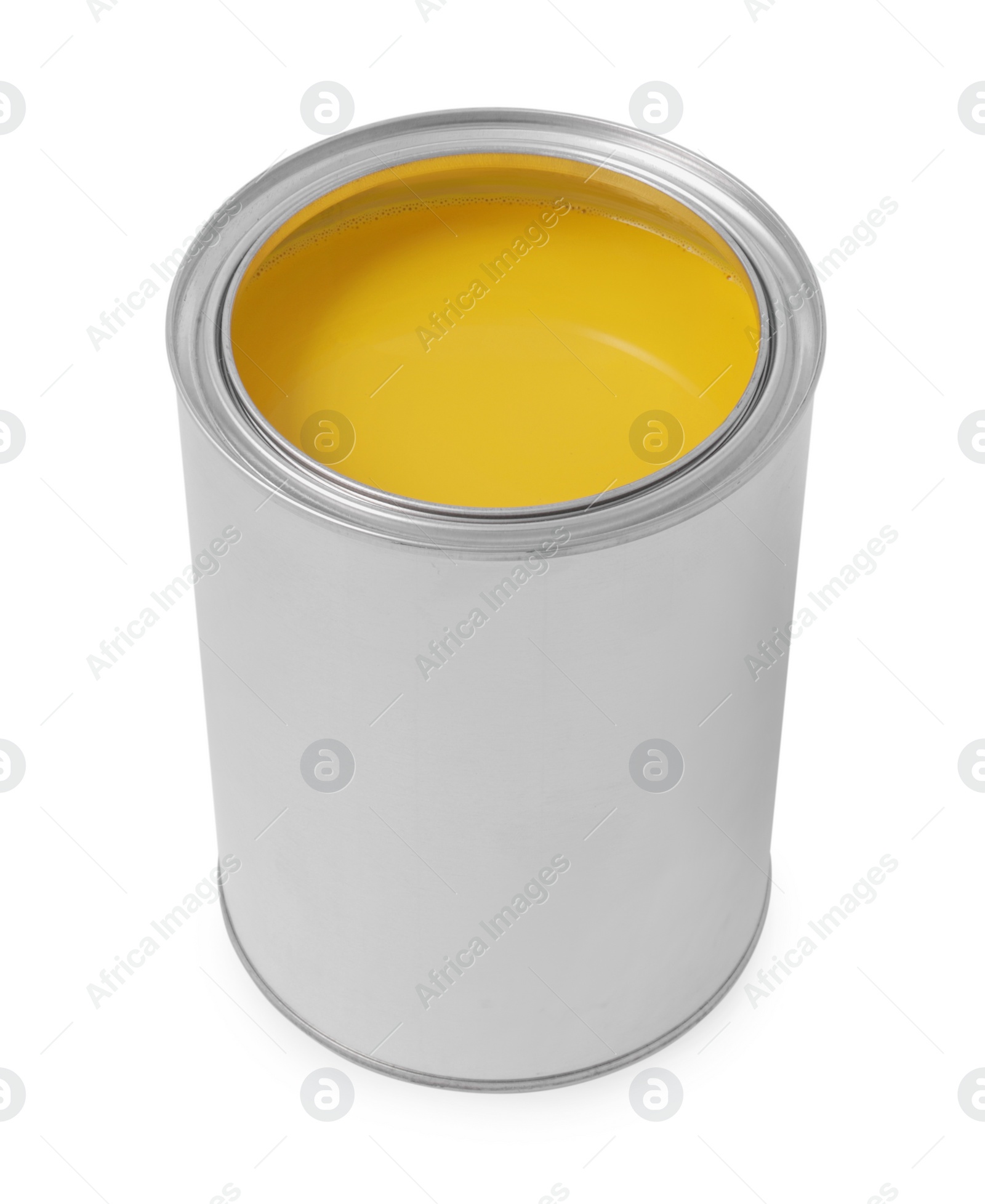 Photo of Can with yellow paint on white background