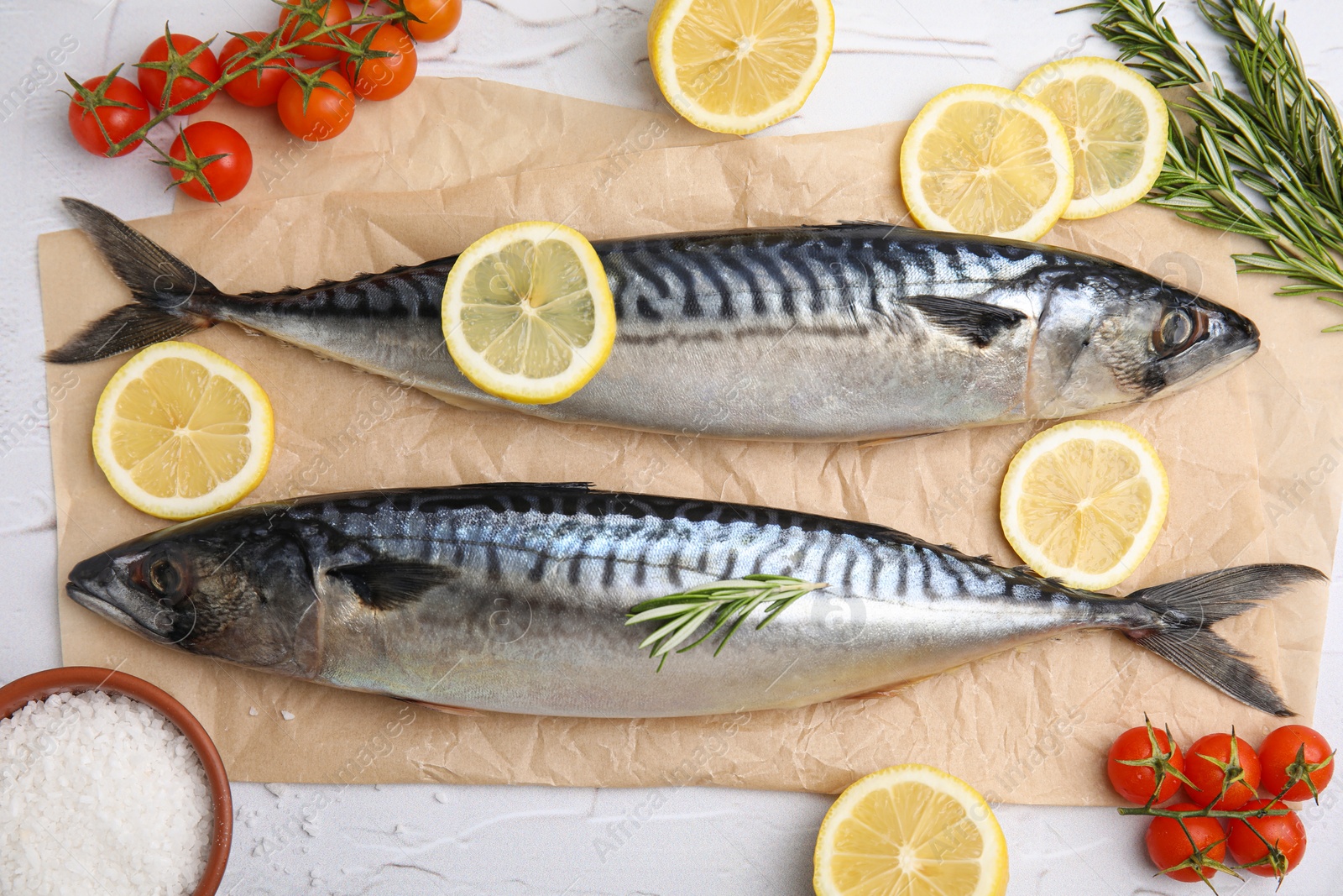 Photo of Flat lay composition with tasty raw mackerel on white textured table