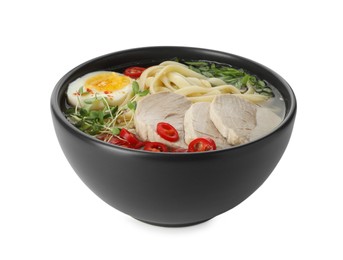 Photo of Delicious ramen with meat and egg in bowl isolated on white. Noodle soup