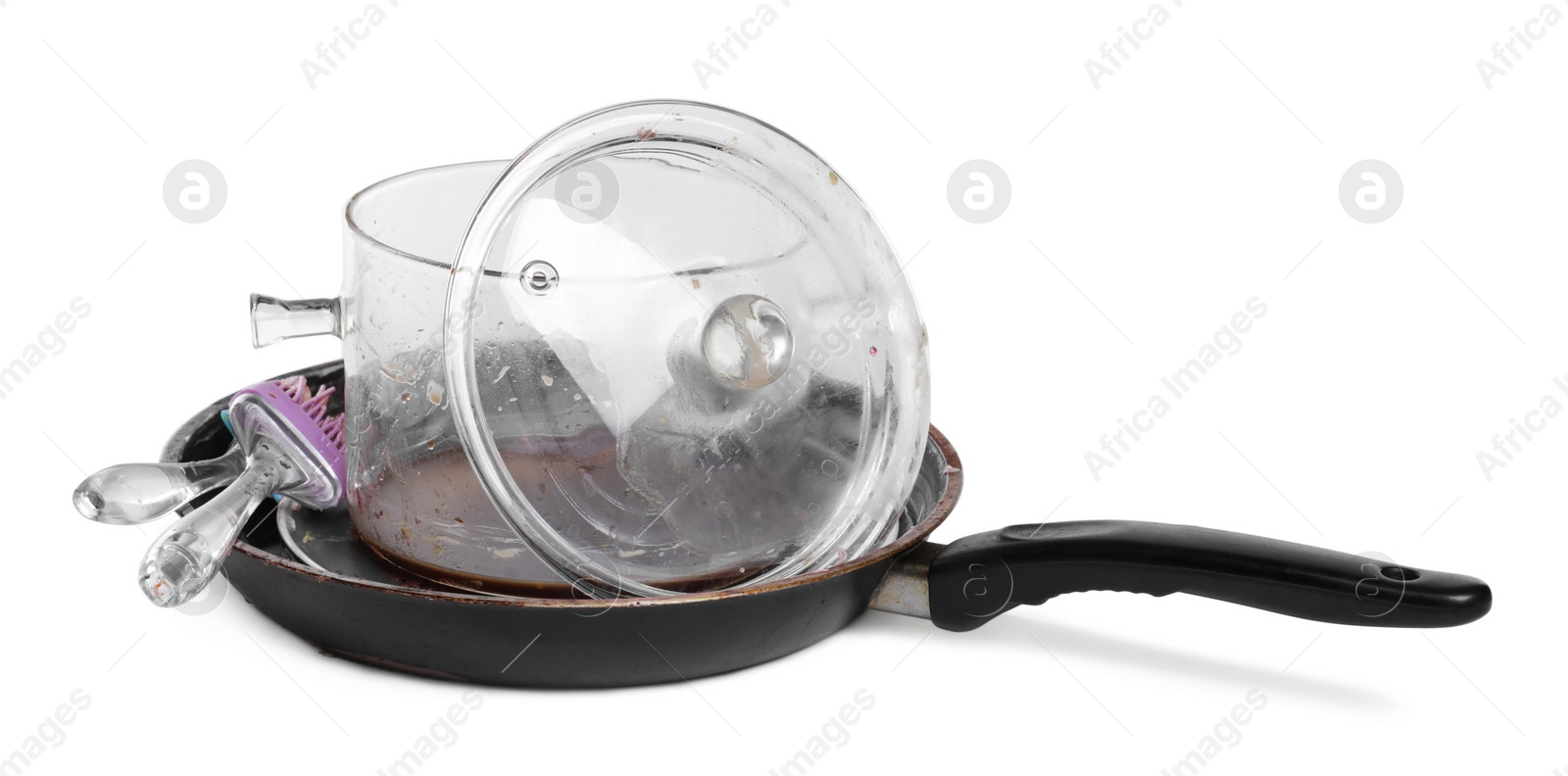 Photo of Many different dirty dishes on white background