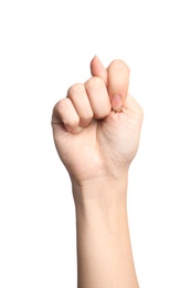 Photo of Woman showing T letter on white background, closeup. Sign language