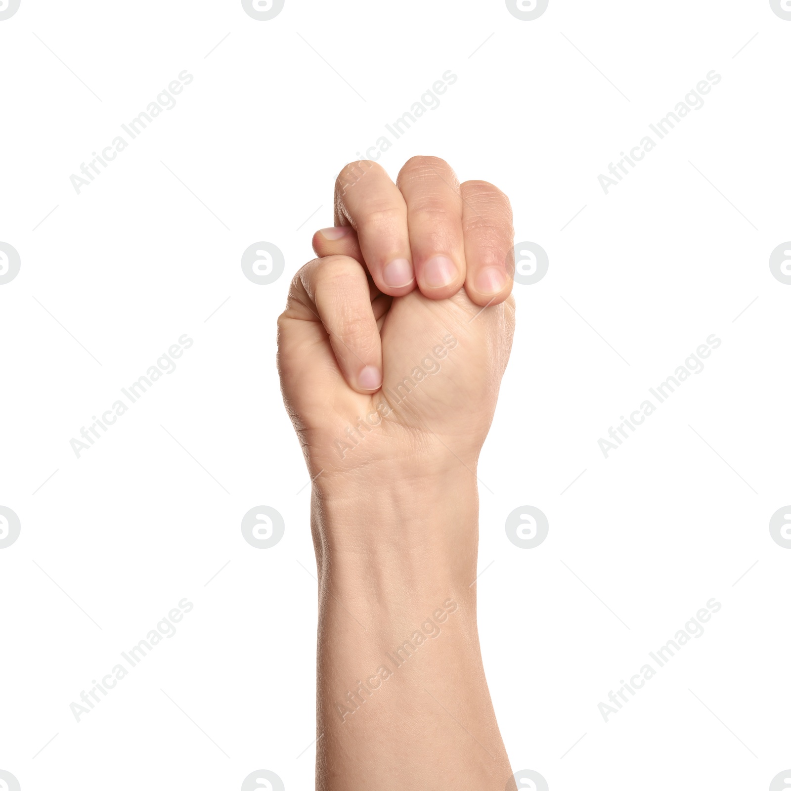 Photo of Man showing M letter on white background, closeup. Sign language