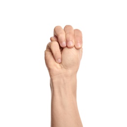 Man showing M letter on white background, closeup. Sign language